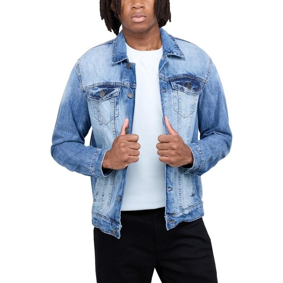 Mens Medium Blue Denim Jacket Washed Ripped Distressed Stretch Casual Trucker - Picture 4 of 9